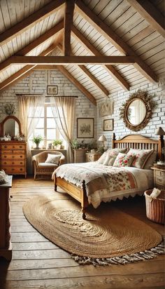 a bed room with a neatly made bed and a rug on the floor in front of it