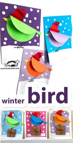 an image of paper birds with the words winter bird written in different colors and shapes