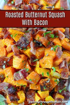 roasted butternut squash with bacon in a white bowl