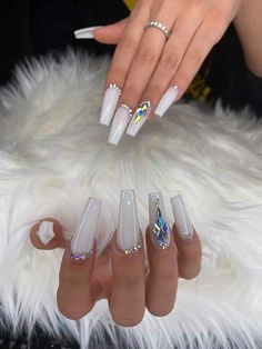 Long Acrylic Nail Designs, Drip Nails, Homecoming Nails Acrylic, White Acrylic Nails, Her Nails, Exotic Nails, Manicure Nails, Long Square Acrylic Nails, Bling Acrylic Nails