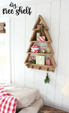 a christmas tree shelf is hanging on the wall