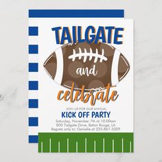 a football themed birthday party card with the words tailgate and celebrate on it's front