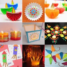 many different pictures with candles and paper crafts on them, all decorated in bright colors