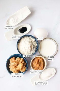 the ingredients for making an apple pie are shown in bowls on a white countertop