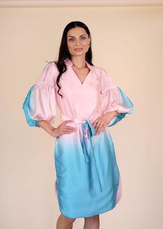 Sandhya's Note - Introducing the Tangier Ombre Midi Dress, a stunning ombre satin dress for women in beautiful pink and blue ombre colors. Made with long sleeves, this kaftan dress is perfect for a romantic date night or as a guest at a summer wedding. Elevate your style with this elegant and versatile pink midi dress. Shop now! Where to Wear This dress is a perfect Boho Wedding Guest Dress for women, or a vacation wear dress for a resort holiday or a cruise ship trip fashionable outfit. Style e Elegant Ombre Dresses For Spring, Luxury Ombre Dresses For Summer, Elegant Beach Midi Dress With Fringe, Ombre Midi Party Dress, Elegant Ombre Midi Dresses, Spring Ombre Midi Dress, Fitted Ombre Midi Dress, Slny Ombre Dress, Ombre Midi-length Summer Dress