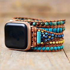 Turquoise Calming Energy Apple Watch Strap Not only does the Handmade Natural Turquoise and Jasper Apple Watch Strap look great and make the perfect gift for someone. Natural Jasper supports you through times of Stress. Jasper provides protection and absorbs negative energy and also clears electromagnetic energy. Perfect for an apple watch strap Turquoise will help you to have stress-free days and will bring you energy and wisdom Turquoise is a purification stone. Use it to dispel negative energ Apple Watch Bracelet, Apple Watch Bracelets, Bracelet Apple Watch, Natural Turquoise Stone, Tiger Eye Jewelry, Rose Quartz Jewelry, Turquoise Boho, African Turquoise, Apple Watch Bands Leather