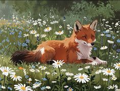 a painting of a fox laying in a field of daisies and wildflowers