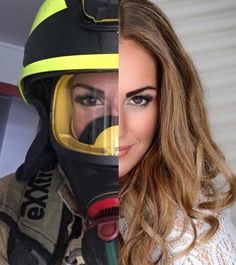 a woman wearing a fireman's helmet and looking at the camera