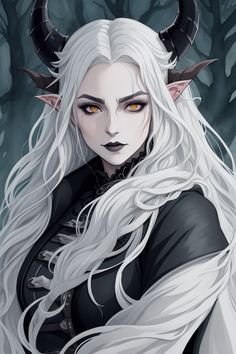 a woman with long white hair and horns