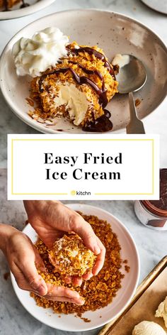 an easy fried ice cream recipe on a white plate with two hands reaching for it