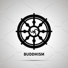 the buddha wheel logo on a gray background with text that reads, buddhistism and an omen symbol