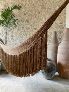 a hammock hanging from a wall next to vases and potted plants