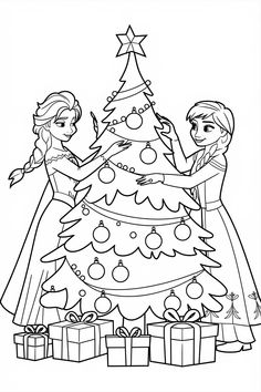 1. Elsa and Anna Decorating the Christmas Tree (Simple Coloring Page) Elsa Printable Coloring Pages, Colouring Pages Christmas Free Printable, Disney Coloring Pages Free Printable, Elsa Coloring Pages Free Printable, Bluey Christmas Coloring Pages, Disney Christmas Drawing, 2000s Coloring Pages, Christmas Coloring Sheets Free Printable, Elsa Printable