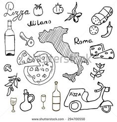 italian food and drinks hand drawn doodle style set with wine, pizza, cheese