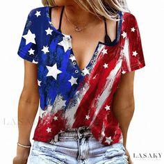 Lasaky - American Flag Print Round Neck Short Sleeve T-shirt for Flag Day Celebration Comfortable Loungewear, Flag Day, American Flag Print, Black Camisole, American Flag Shirt, Ladies Tee Shirts, Patriotic Shirts, Home T Shirts, American Shirts