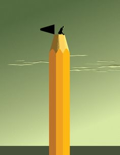 an orange pencil with a black bird sitting on top of it's tip sticking out of the end