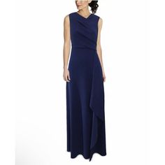 Brand New With Tags Size: 4 Color: Navy Blue An Elegant Evening Gown By Adrianna Papell, A Sleek Monochrome Style With An Elegantly Draped Neckline. Floor-Length Formal Dress Asymmetrical Neckline; Gown Silhouette Side Zipper Closure Polyester; Lining: Polyester Dry Clean Imported Elegant Draped Blue Maxi Dress, Elegant Blue Draped Maxi Dress, Blue Draped Maxi Dress For Evening, Blue Sleeveless Pre-draped Maxi Dress, Blue Draped Maxi Dress For Formal Occasions, Blue Draped Maxi Dress For Weddings, Formal Blue Draped Maxi Dress, Gown Silhouette, Elegant Evening Gown