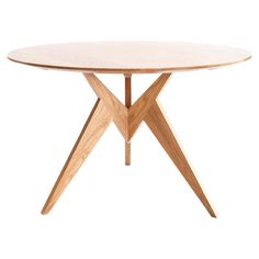 a round wooden table with two crossed legs on an isolated white background for use as a dining room or office space