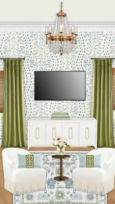 the living room is decorated in blue and white with floral wallpaper, chandelier, two couches, and a large flat screen tv