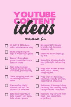 a pink poster with the words youtuber content ideas