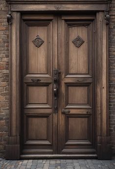 an old wooden door on a brick building