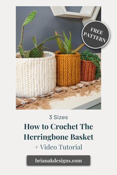 three crochet baskets with succulents in them and the text 3 sizes how to crochet the herringbone basket