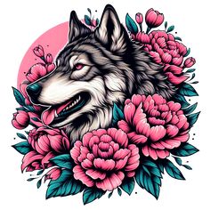 an image of a wolf with flowers on it