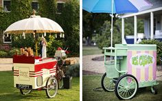 an ice cream cart is parked in front of a house and another has an umbrella over it