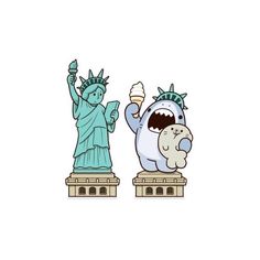 the statue of liberty and an elephant eating ice cream