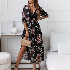 Description：DressBetty - 2023 Elegant Women Loose V Neck Floral Dress Bust Size(cm) Waist Size(cm) Length(cm) S 92 62-94 117 M 96 66-98 118 L 100 70-102 119 XL 104 74-106 120 XXL 108 78-110 121 "Size measured by ourselves, sometimes has some errors, but always within 3cm." “If you have any questions about the size, please contact me” window.adminAccountId=251918291; Dark Florals, Side Split Dress, Chiffon Summer Dress, Floral Print Dress Long, Elastic Waist Dress, Chiffon Floral, Dress Chiffon, Half Sleeve Dresses, Hem Design