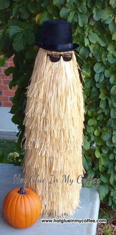 a scarecrow with a hat and sunglasses next to a pumpkin