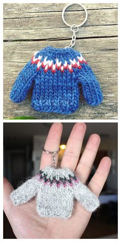 two pictures one has a knitted sweater and the other has a keychain