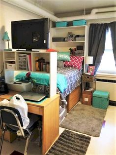 a bedroom with a bed, desk and shelves