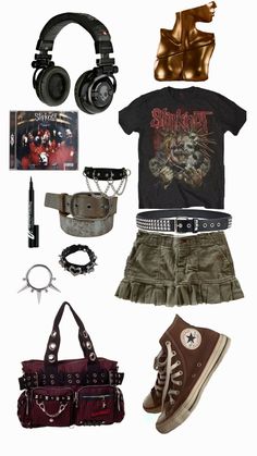 Embrace Your Inner Rebel: Slipknot-Inspired Grunge Look 🖤🎸 This edgy outfit combines vintage band tees, studded belts, worn Converse, and gothic accessories for the ultimate alt-rock vibe. Perfect for anyone ready to channel their love for metal and grunge in style. #grungefashion #alternative  #Slipknot #slipknot  #punkrock #punkrock #alternativefashion Style Band Tees Outfit, Vintage Alternative Outfits, Grunge Rock Aesthetic Outfits, Grunge Outfit 90s, Metal Rock Outfit, Shein Grunge Outfits Codes, Alt Rock Fashion, Alt Outfit Inspo Grunge, Slipknot Outfit Ideas