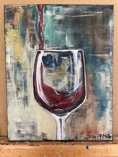 a painting of a wine glass on a shelf