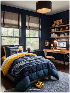 a bed room with a neatly made bed next to two windows and a computer desk