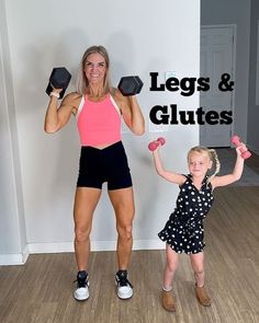 a woman and her daughter doing exercises with dumbbells for legs and glutes