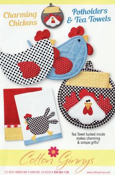 an advertisement for the chicken potholders and tea towels pattern book, featuring two roosters