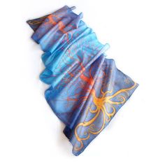 Silk scarf Orange Tree in Blue is a hand painted scarves made of pure Habotai silk and painted with fiery tree silhouette on deep blue sky. This scarf isa lovely graduation gift. It is made to order and I will need up to 3 days for painting. The Fiery Trees symbolize strength and knowledge. I designed this scarf with strong opposite color set: red - orange - yellow with cool blue background creating a contrast scarf, an eye-chatcher and a perfect statement piece of wearable art. This scarf is ap Artistic Hand Dyed Blue Silk Scarf, Artistic Blue Silk Scarves, Blue Hand Painted Silk Scarf, Hand Painted Blue Silk Scarf For Gift, Artistic Handmade Blue Silk Scarf, Artistic Blue Silk Scarf, Artsy Blue Silk Scarf As Gift, Artsy Blue Silk Scarf Gift, Artsy Blue Scarf For Gift