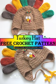 two crocheted turkey hats and one with a bird on it