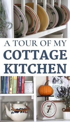 a tour of my cottage kitchen with lots of plates on the shelves and pumpkins