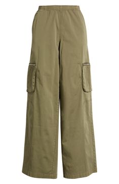 Get to work(wear) in these utility-essential cargo pants boasting a baggy wide-leg silhouette and stretchy pull-on waistband. 31" inseam, 26" leg opening; 13" front rise; 15 1/2" back rise (size Medium) Elastic waist Front slant pockets; back snap-flap pockets; cargo bellows pockets 98% cotton, 2% spandex Machine wash, tumble dry Imported Spring Utility Cargo Pants For Workwear, Versatile Workwear Cargo Pants With Pockets, Utility Cargo Pants For Spring Workwear, Versatile Wide Leg Workwear Pants With Cargo Pockets, Versatile Wide-leg Cargo Pants With Pockets, Versatile Wide Leg Pants With Cargo Pockets For Work, Versatile Wide Leg Cargo Pants For Work, Versatile Relaxed Fit Cargo Wide Leg Pants, Utility Wide Leg Pants With Side Pockets For Work