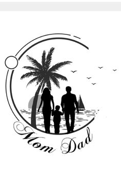 a man and woman holding hands while standing next to a child on the beach with a palm tree