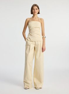 A.L.C. Charlotte Sateen Halter Top | ALCltd.com Slow Clothing, Tailored Clothes, Beige Outfit, Suiting Fabric, Pleat Top, Women's Wear, Cotton Cardigan, Modern Fashion, Contrast Stitch