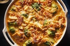 a casserole dish with broccoli and cheese