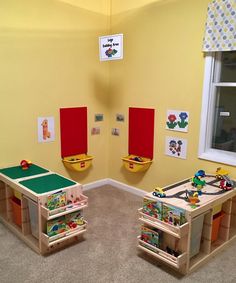 two children's playrooms with toys in them