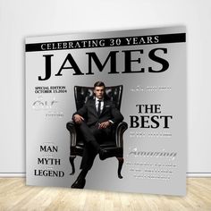 a magazine cover with a man in a suit sitting on a chair and the words, celebrating 30 years james