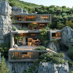 an architecturally designed house on top of a cliff in the mountains with trees and rocks surrounding it