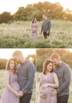 a pregnant couple standing in a field at sunset