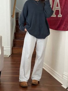 Comfy Fall Outfits Pants, White Comfy Pants Outfit, Knit Sweater And Sweatpants Outfits, Brandy Knit Sweater, Comfy Pants Outfit Winter, Half Zip Sweater Outfit Aesthetic, Blue And White Brandy Sweater Outfit, Cozy Fall Outfits Sweatpants, Straight Leg Sweatpants Outfit Winter